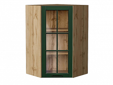 Шкаф верхний угловой остекленный Дублин 920*600*600 Special Green / Дуб Вотан